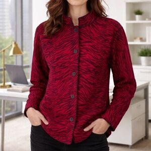 JM Collection Jacket Size Medium Zebra Red Print Wool Button Closure